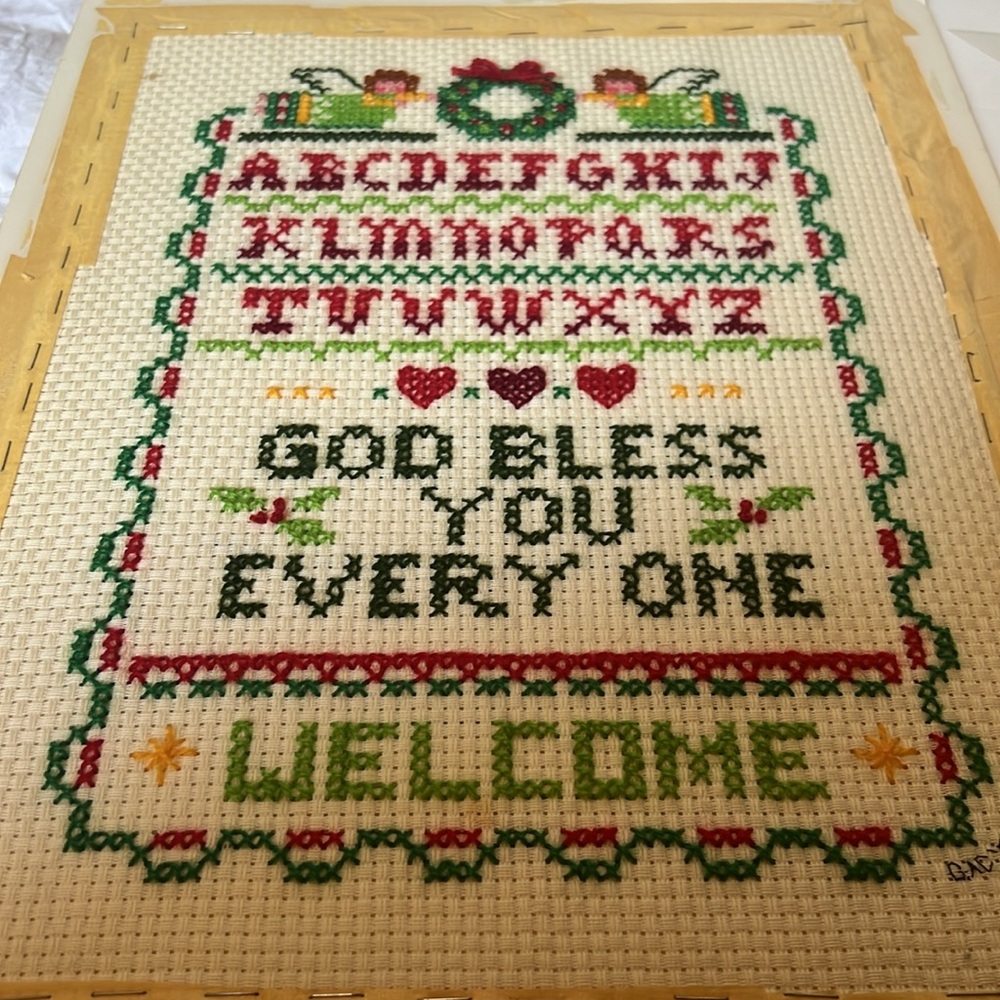 Cross stitch welcome sign βGob bless you every oneβ on backer board vintβ¦